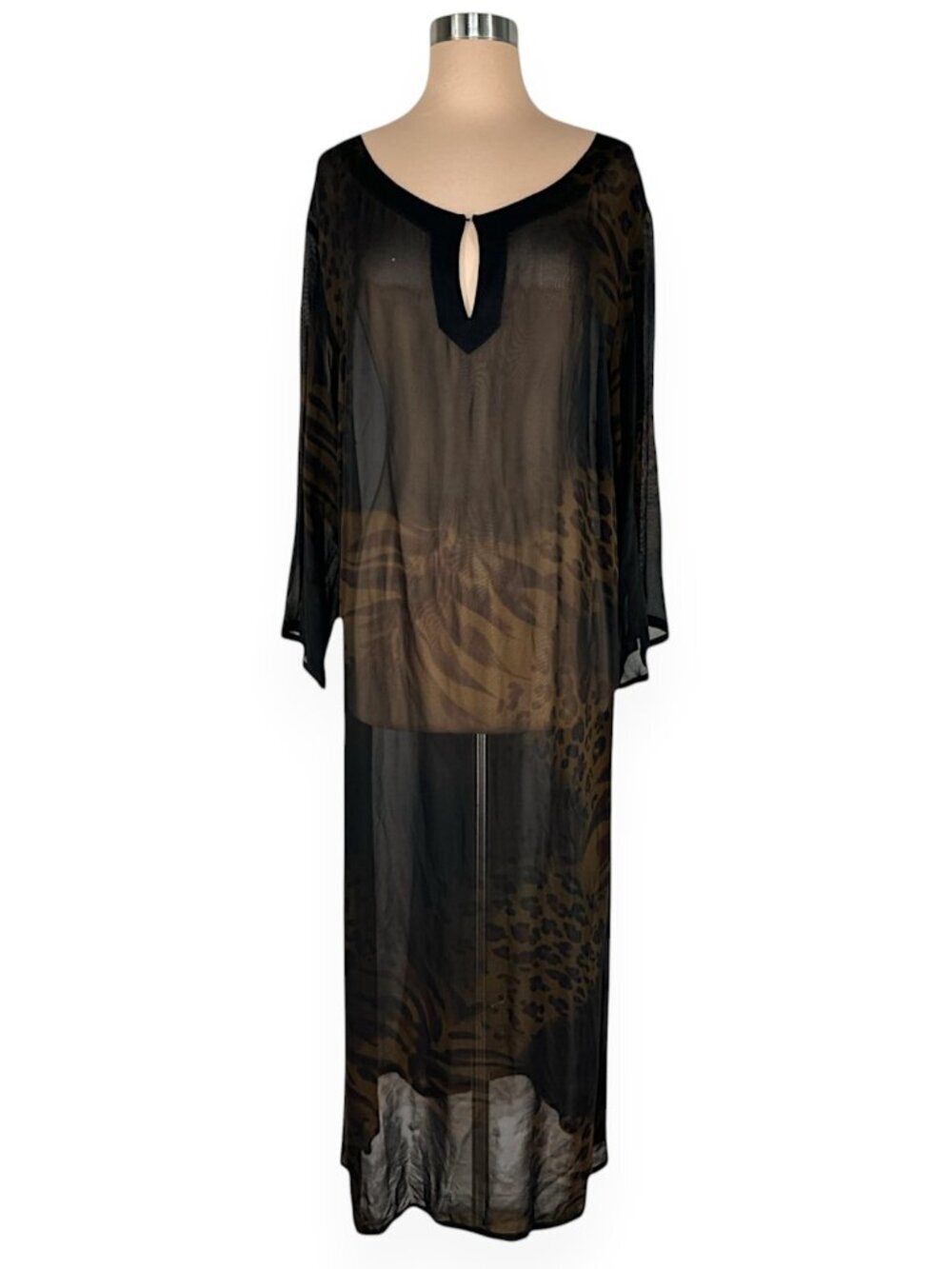 Marina Rinaldi Italy Black Brown Animal Print Sheer Viscose Maxi Dress 27 US 18